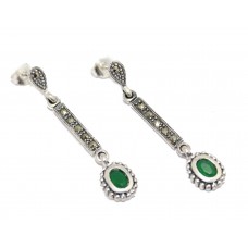 Earrings Silver 925 Sterling Dangle Drop Women Green Onyx Marcasite Stones A921